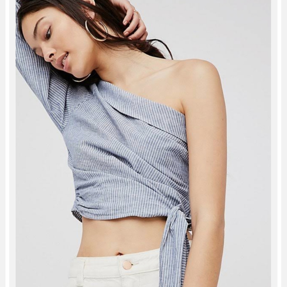 Free People Get Down One Shoulder Side Tie Crop Top Blue Striped puff sleeve